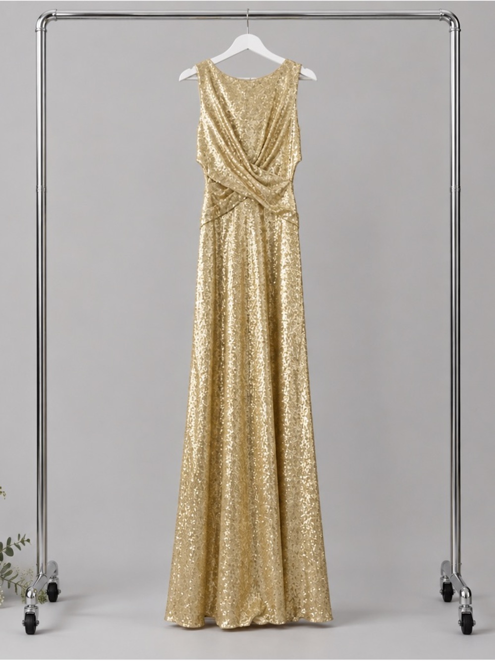 Betsy & Adam Gold Sequin Draped-Waist Maxi Dress